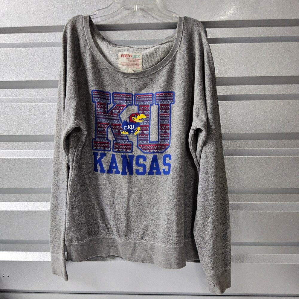 KU Kansas Jayhawks Women's Large Sweater Sweatshirt Press Box Gray Thumb hole - Picture 2 of 6